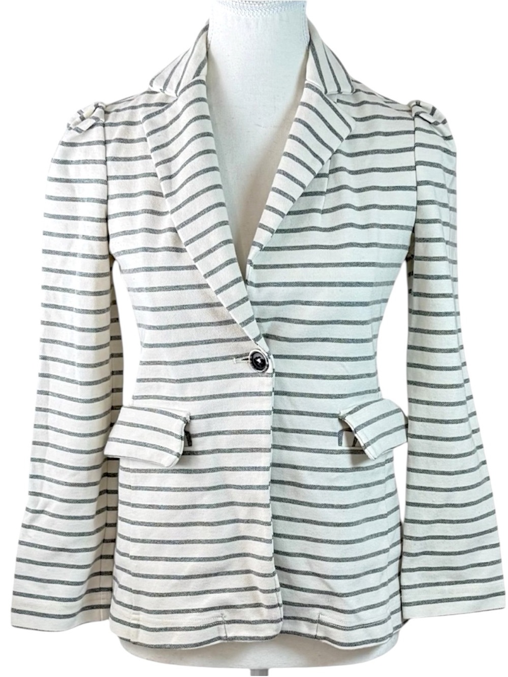 Anthropologie Striped Blazer Womens XS Gray White Cotton Career Jacket Classic